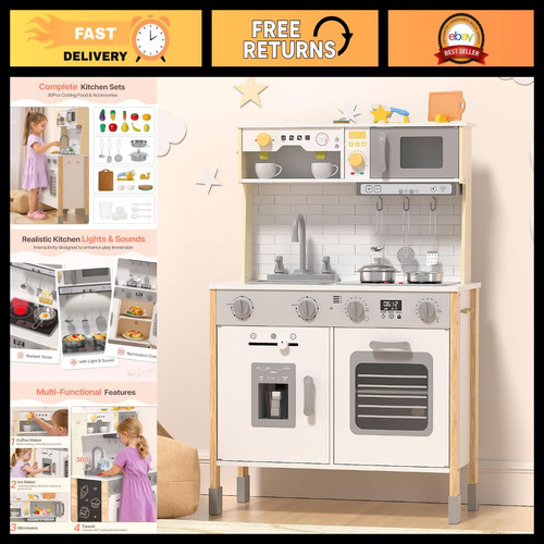 Kids wooden play kitchen - wooden, set